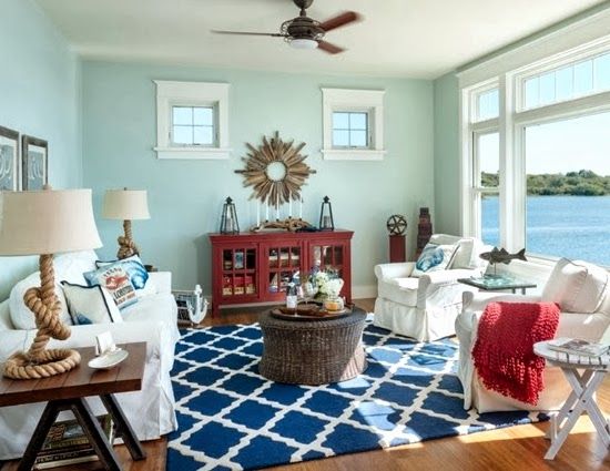 Nautical inspired decor in the living room, complete with the view!