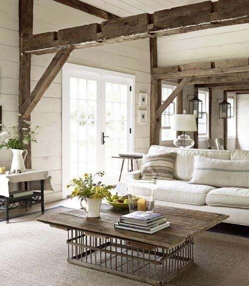 Rustic, coastal cottage style living room done in neutrals