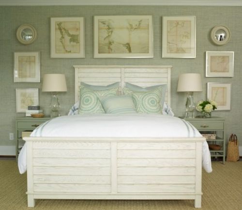 Coastal bedroom decorated in sage hues and nautical decor