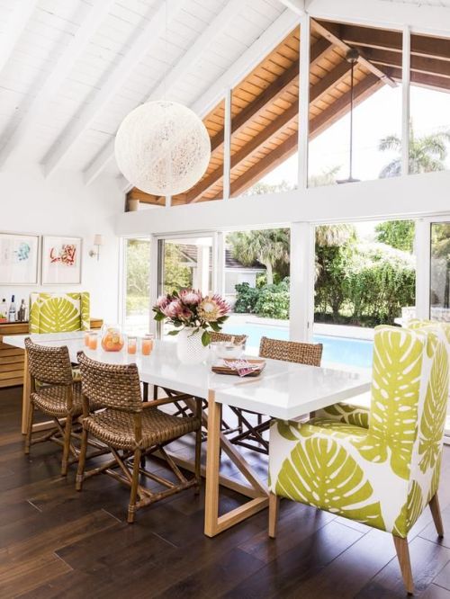 Bright, open coastal dining space with fun textures and patterns