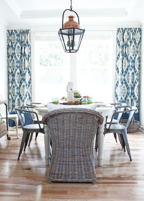 Coastal dining space with ikat curtains