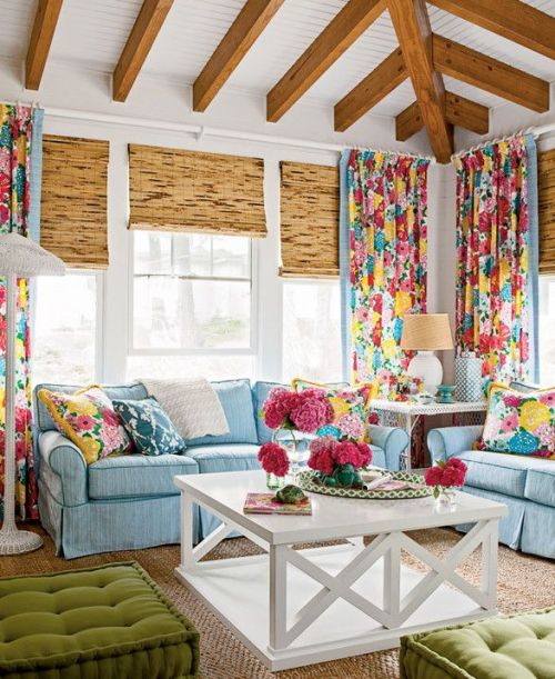 Bright patterns and bold colors in a coatsal living room