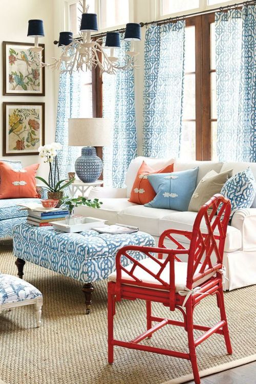 Red, white and blue decor in a coastal living room