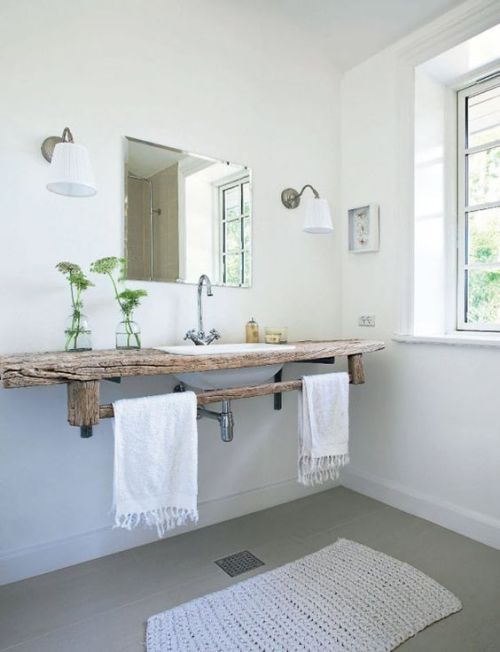 Coastal bathroom with a reclaimed wood counter top