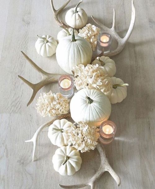 White fall center piece decorated with white pumpkins and antlers