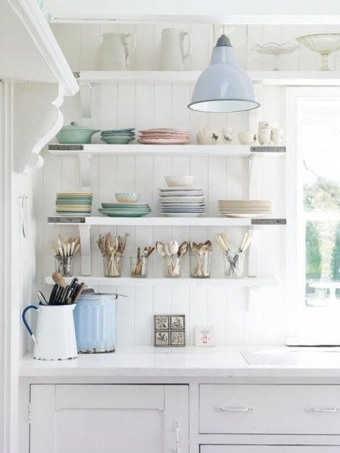 Coastal kitchen with different colored dish ware